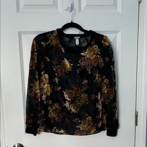 A New Day Sheer Floral Print Long Sleeve Shirt | Dark Floral Print | Sheer